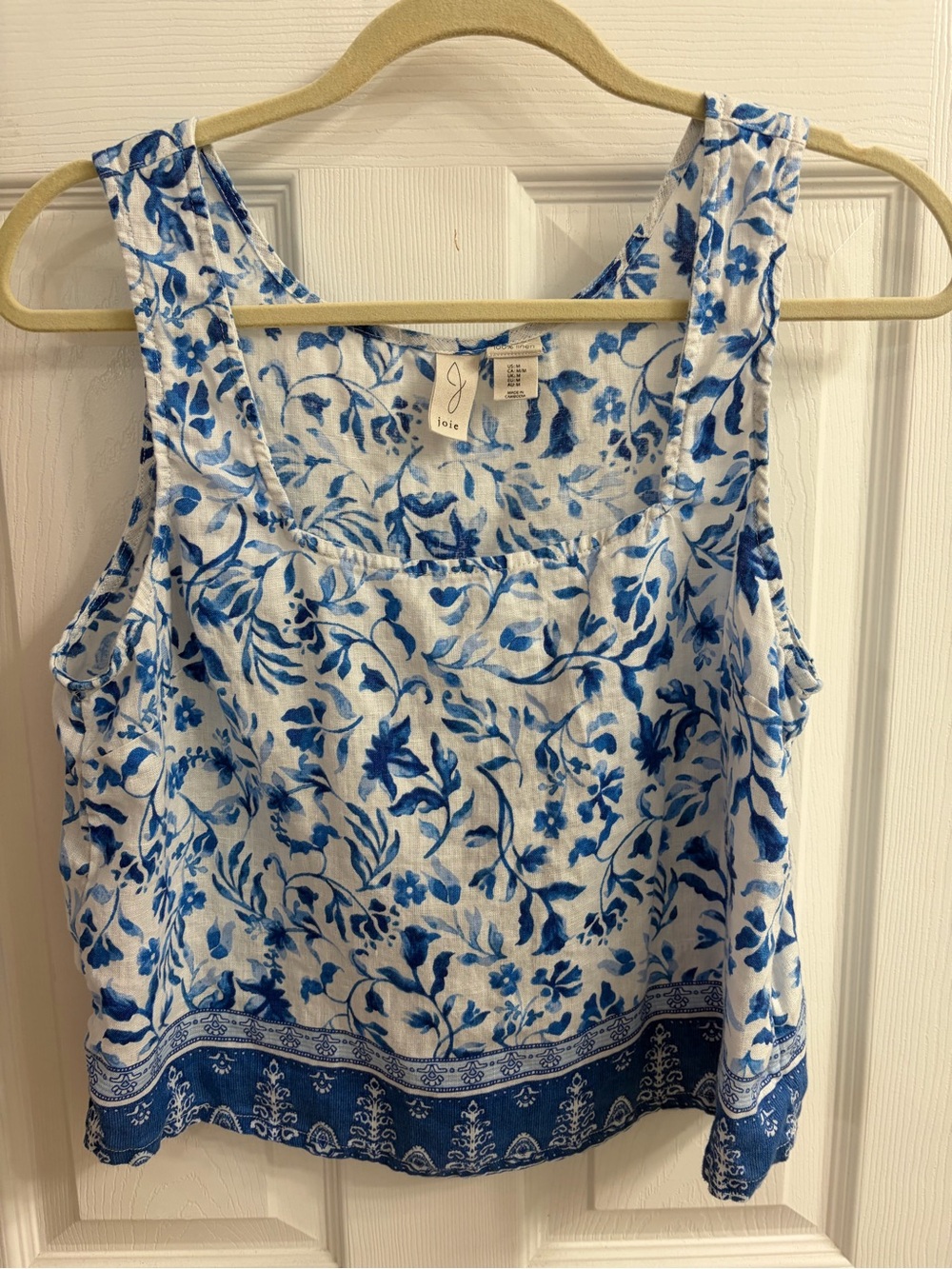 Joie White and Blue Floral Linen Tank